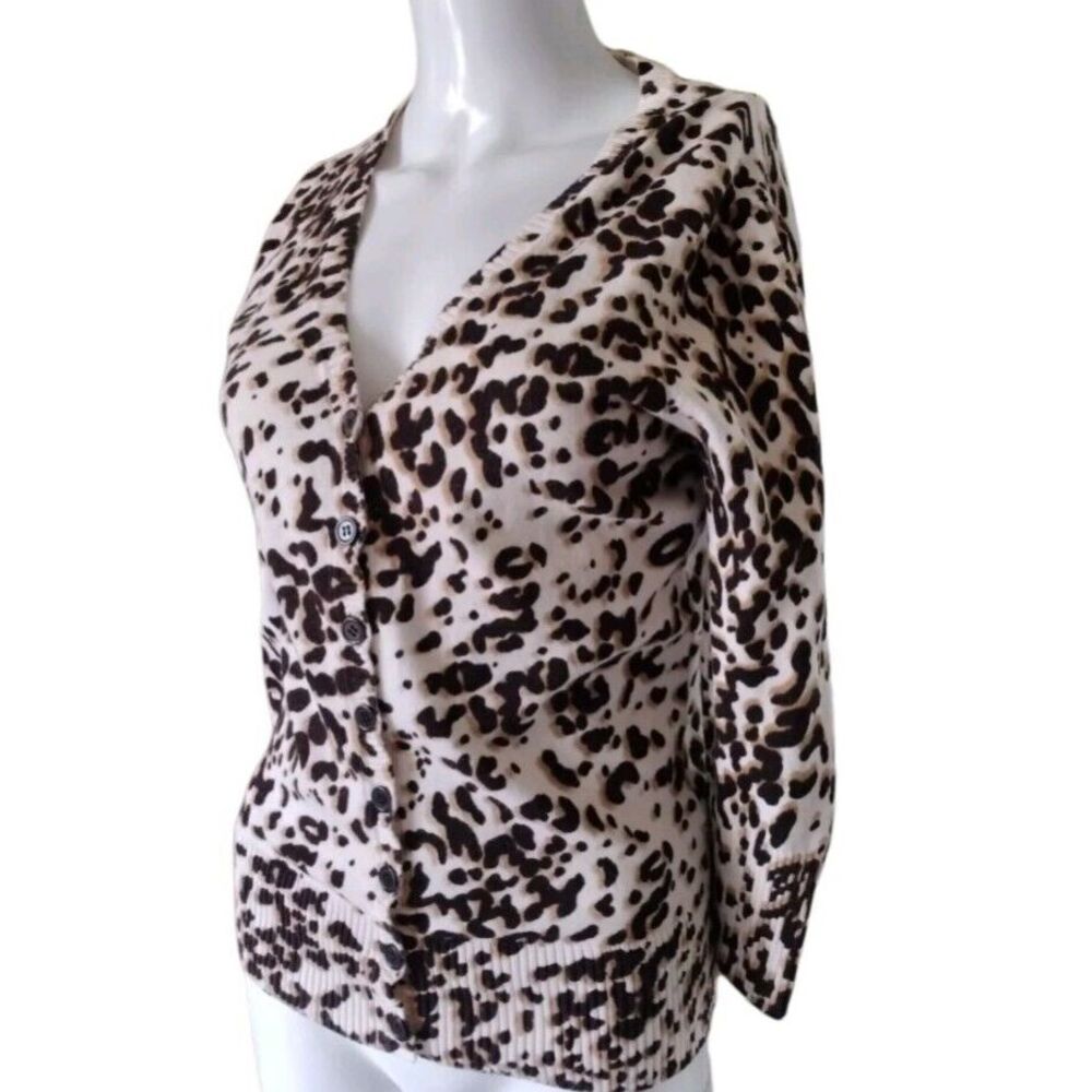 Eci‎ Cardigan Women Small Beige Tan Animal Print V Neck 3/4 Sleeve Button Front